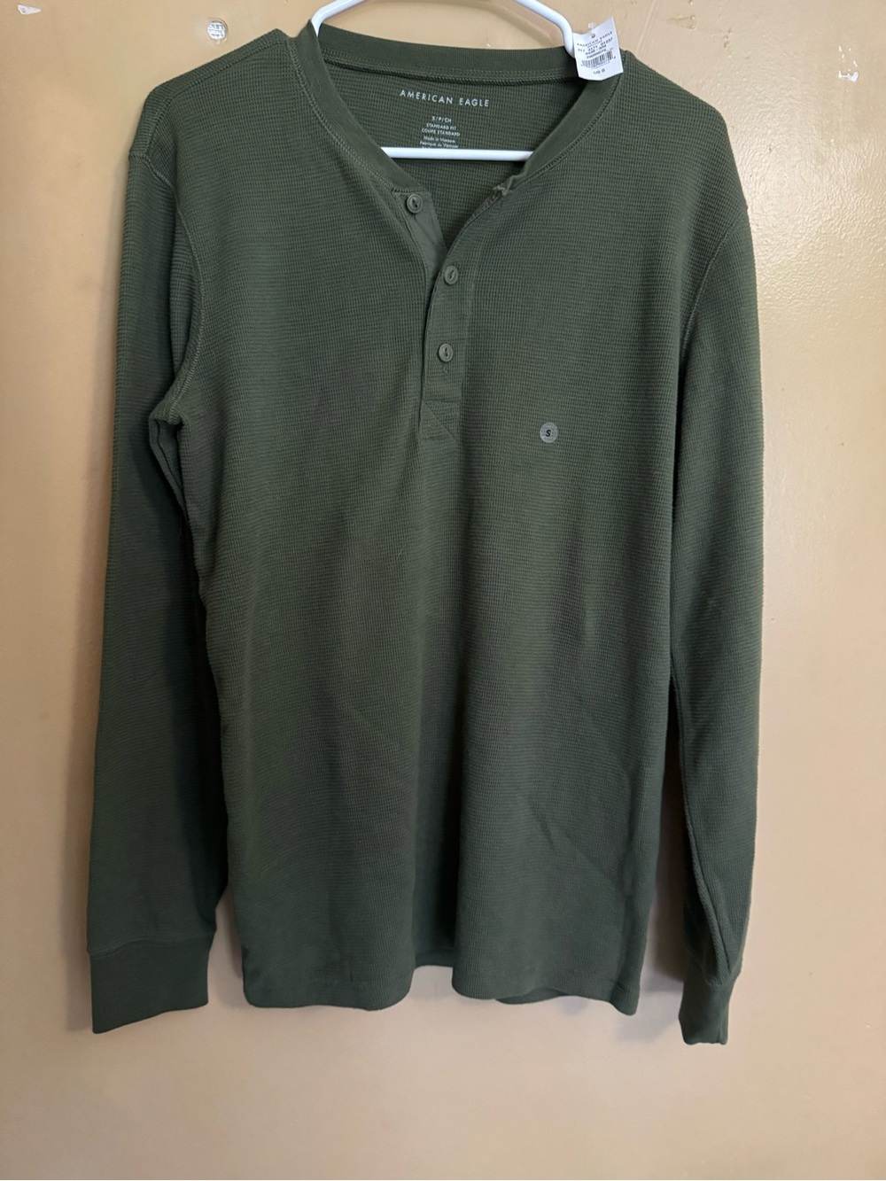American Eagle Olive Waffle-Knit Henley Top